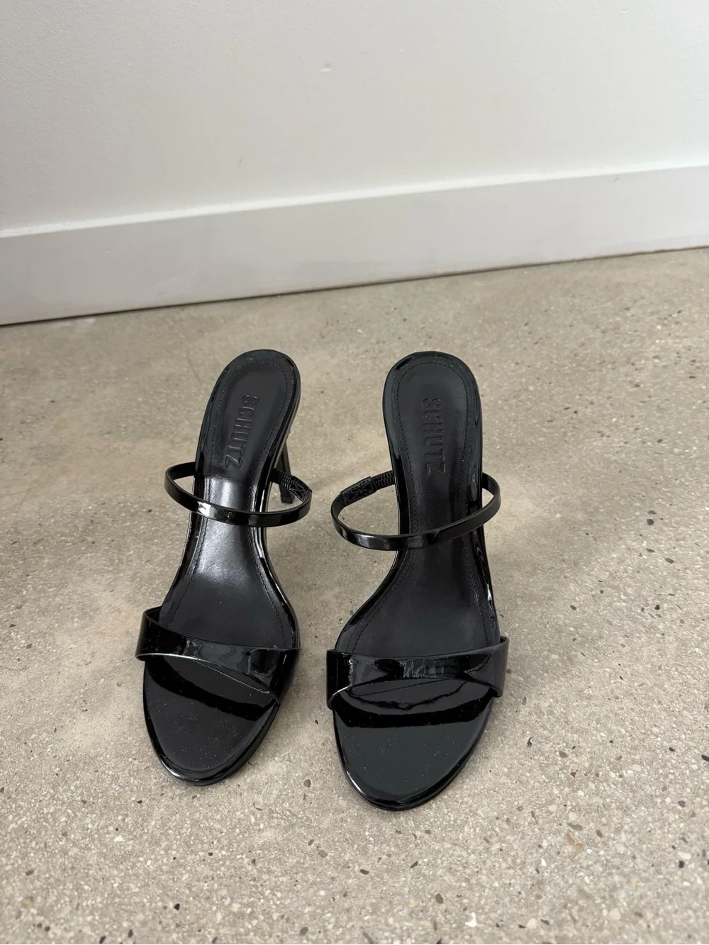 SCHUTZ Black Patent Leather Double-Strap Slide Heels